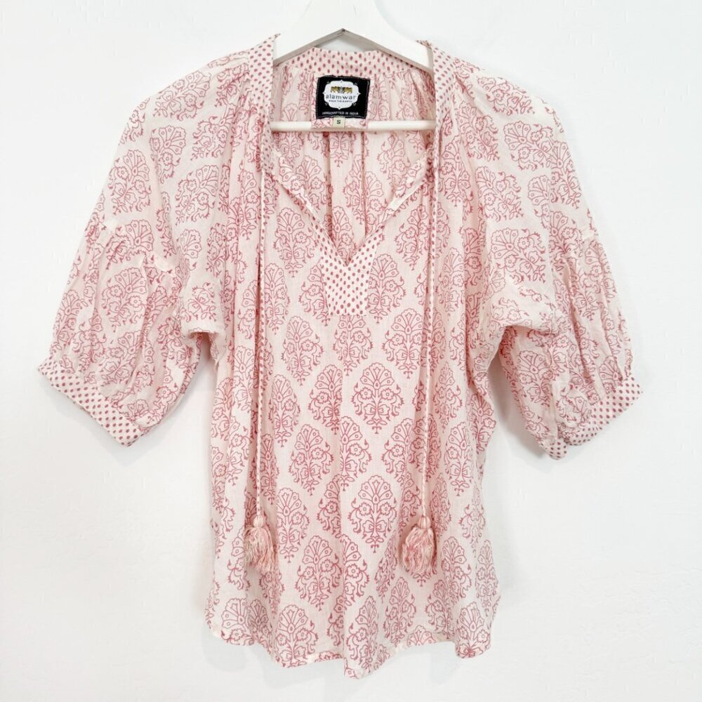 Alamwar Puff Sleeve Blouse Top in‎ Pink Peasant Boho Bohemian Cottage Size Small